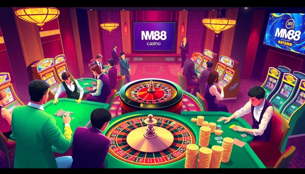 MM88 casino scene showcasing vibrant poker games and roulette action, capturing the essence of online gambling excitement.