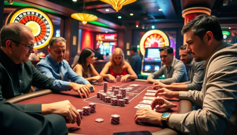 KJC casino night with intense poker game, colorful chips, and exciting atmosphere.