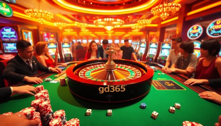Experience the thrill of a casino with gd365 as players immerse in a vibrant roulette game, surrounded by colorful chips and bright machines.