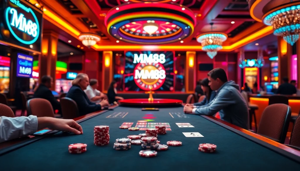 MM88 casino scene showcasing players at a high-stakes poker table with vibrant ambiance.