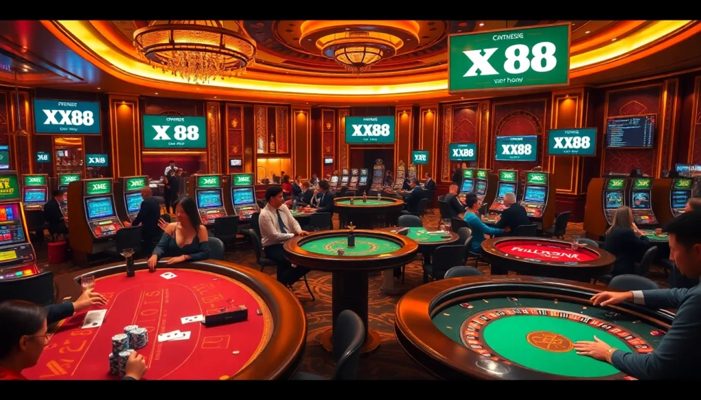 Gamblers enjoying high-stakes poker games at XX88 casino, showcasing vibrant excitement.